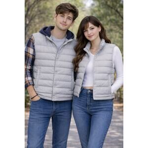 Giordano Light Down Vest Medium Gray Puffer Lightweight Snap Front Unisex